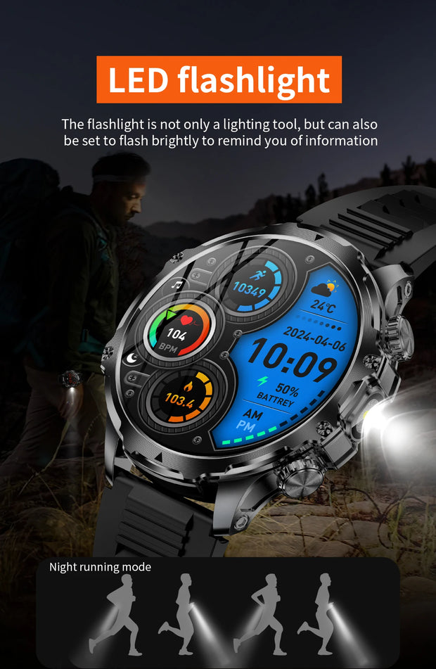 Men Outdoors Sports Smart Watch AK75 Flashlight 700mah Large Battery Bluetooth Calling LED Light Fitness Tracker Smartwatch