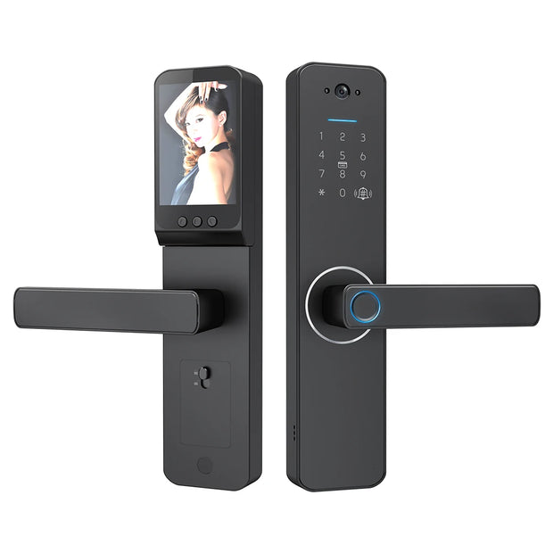 Fingerprint Smart Lock with 120° Wide Angle Camera Smart Doorbell Aluminum Alloy Keyless Entry Lock Handle Biometric for 35-60mm
