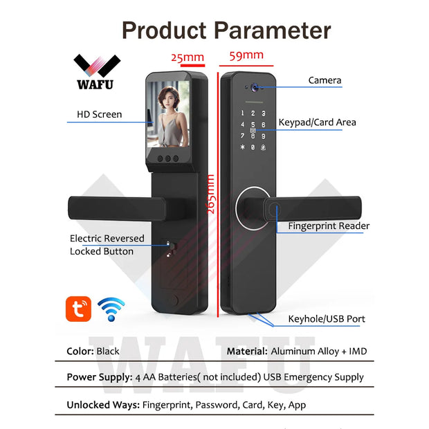 Fingerprint Smart Lock with 120° Wide Angle Camera Smart Doorbell Aluminum Alloy Keyless Entry Lock Handle Biometric for 35-60mm