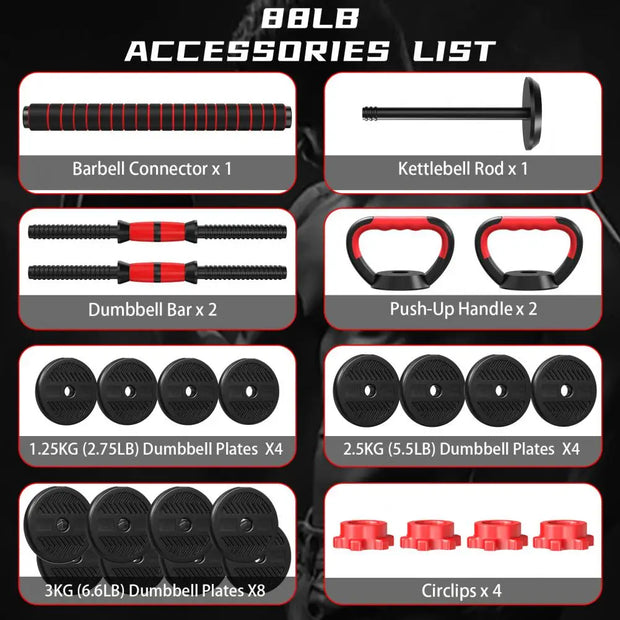 4 in 1 Adjustable Weight Dumbbell Set, Versatile Weights Home Gym Equipment with Dumbbell, Barbell, Kettlebell for Total Body