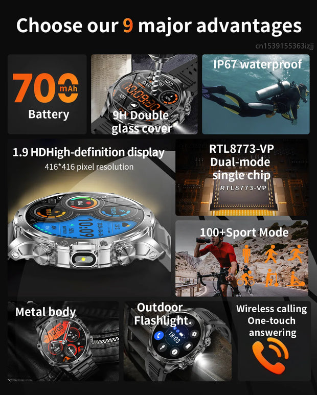 Men Outdoors Sports Smart Watch AK75 Flashlight 700mah Large Battery Bluetooth Calling LED Light Fitness Tracker Smartwatch