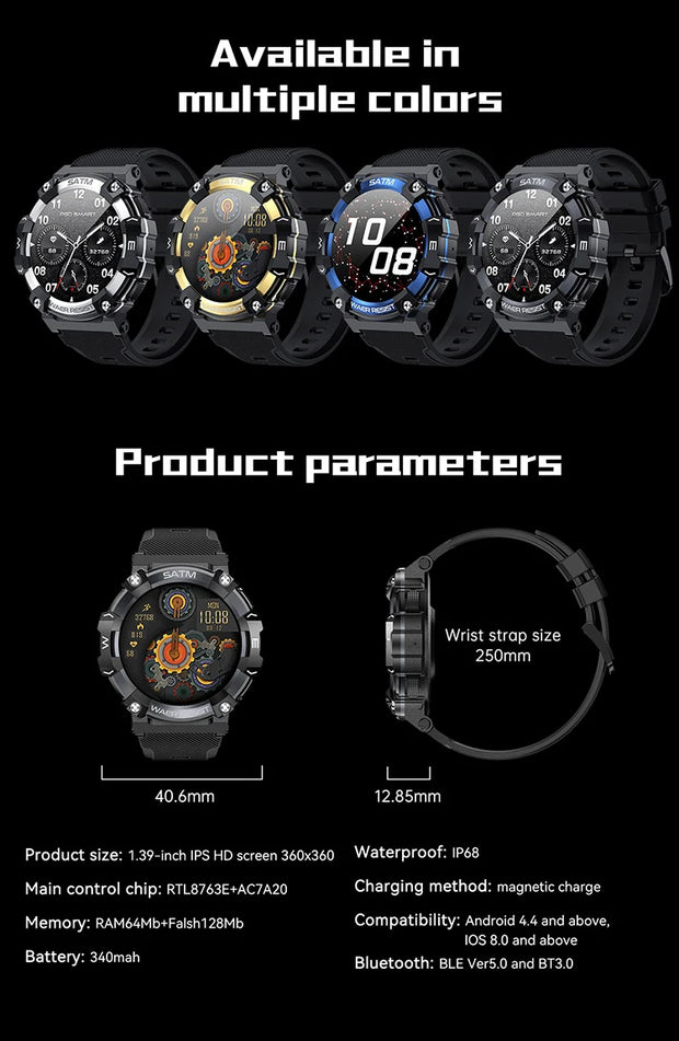 1.39 Inch Bluetooth Calling AI Voice IP68 Waterproof Round Sports Fitness Smart Watch For Men