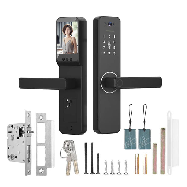 Fingerprint Smart Lock with 120° Wide Angle Camera Smart Doorbell Aluminum Alloy Keyless Entry Lock Handle Biometric for 35-60mm