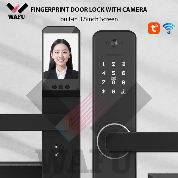 Fingerprint Smart Lock with 120° Wide Angle Camera Smart Doorbell Aluminum Alloy Keyless Entry Lock Handle Biometric for 35-60mm