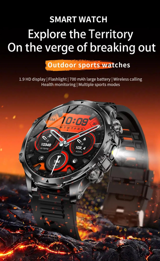 Men Outdoors Sports Smart Watch AK75 Flashlight 700mah Large Battery Bluetooth Calling LED Light Fitness Tracker Smartwatch