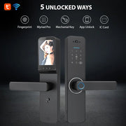 Fingerprint Smart Lock with 120° Wide Angle Camera Smart Doorbell Aluminum Alloy Keyless Entry Lock Handle Biometric for 35-60mm