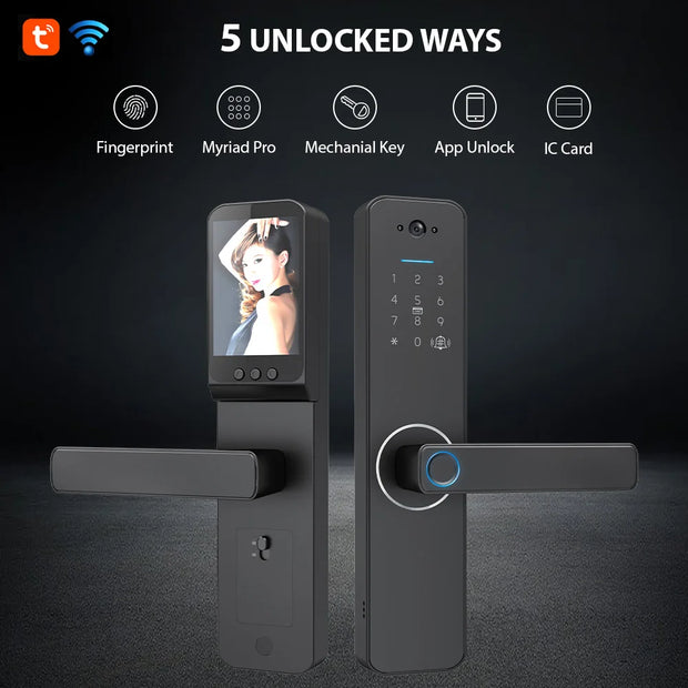 Fingerprint Smart Lock with 120° Wide Angle Camera Smart Doorbell Aluminum Alloy Keyless Entry Lock Handle Biometric for 35-60mm