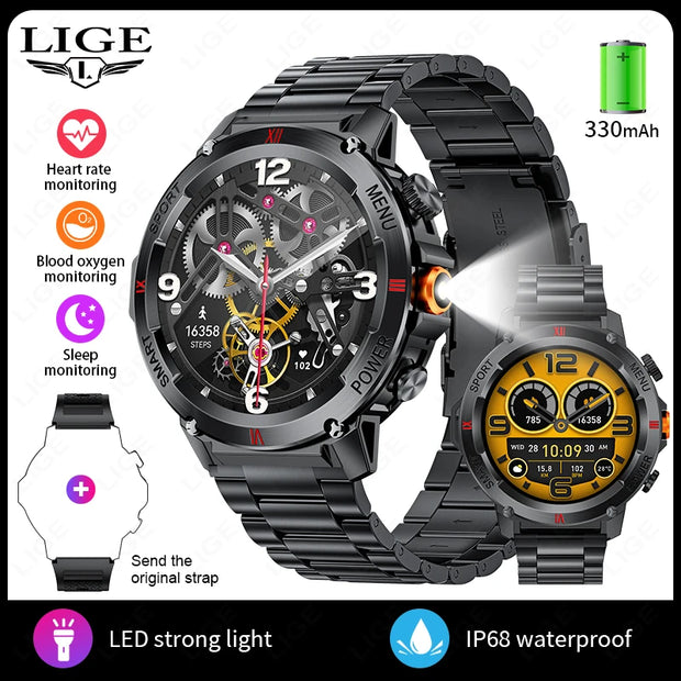 LIGE New LED Flashlight Smart Watches Men Women IP68 Waterproof 100+ Sport Modes Heart Rate Fitness Tracker Outdoor Smartwatch