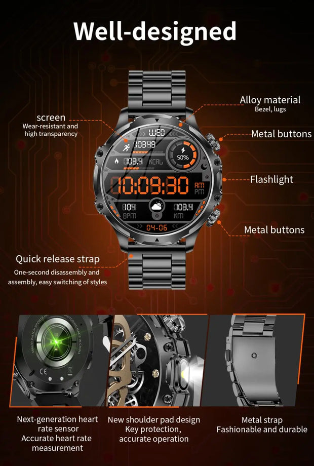 Men Outdoors Sports Smart Watch AK75 Flashlight 700mah Large Battery Bluetooth Calling LED Light Fitness Tracker Smartwatch
