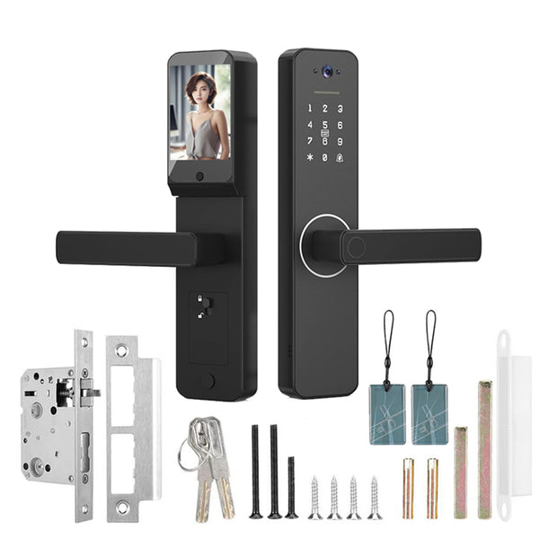 Fingerprint Smart Lock with 120° Wide Angle Camera Smart Doorbell Aluminum Alloy Keyless Entry Lock Handle Biometric for 35-60mm